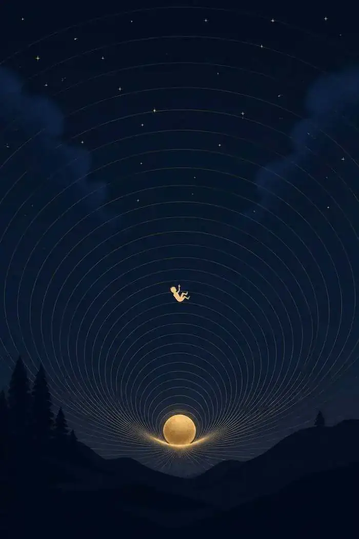 Placeholder cover for The Measure: a small gold sphere at the foot of a night sky, with fine gravitational arcs bending around it and a single falling figure.